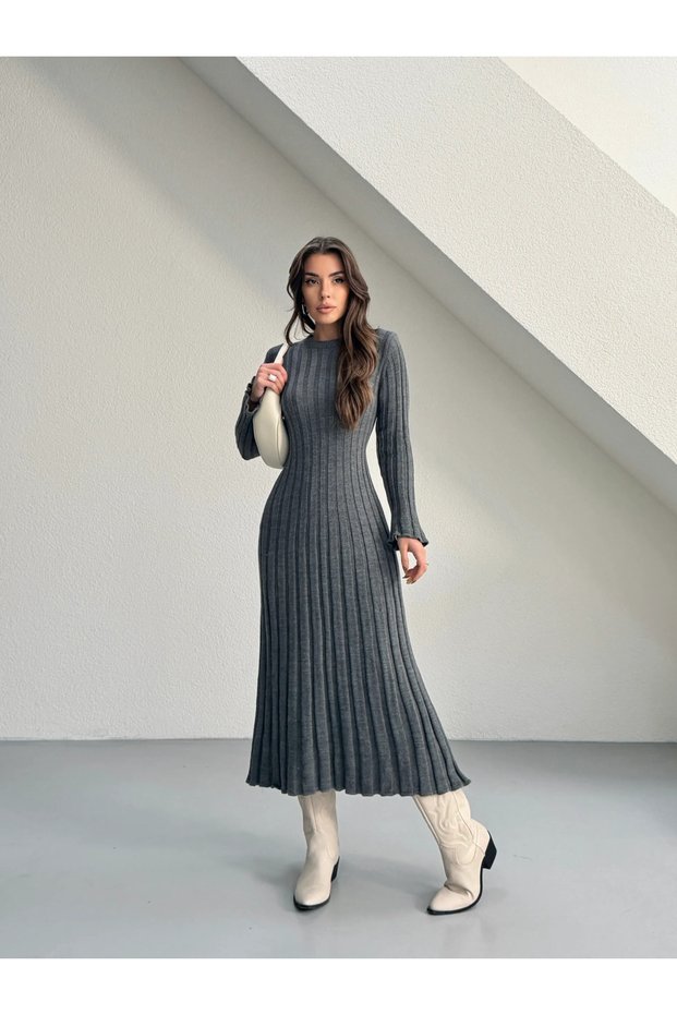 Tied Ribbed Knitwear Dress - Anthracite