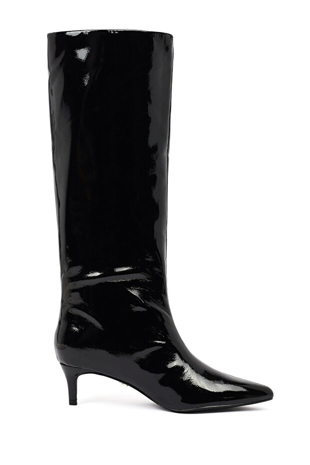 Women's Black Short Thin Heeled Patent Leather Boots 25Wfe481416