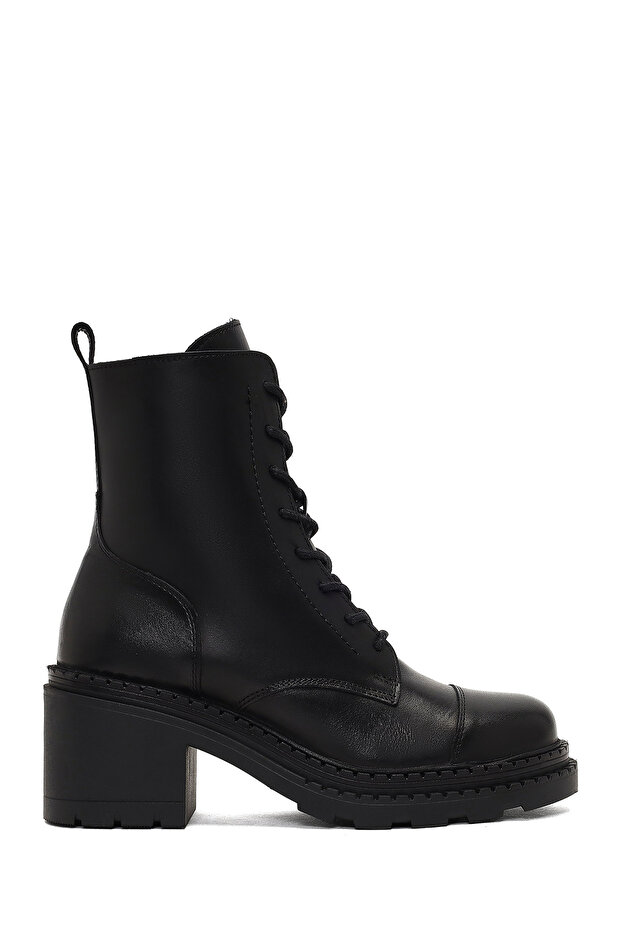 Women's Black Zippered Thick Heeled Leather Boots 25Wfd141118