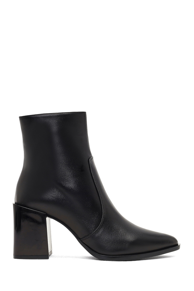 Women's Black Zippered Thick Heeled Leather Boots 25Wfd130518