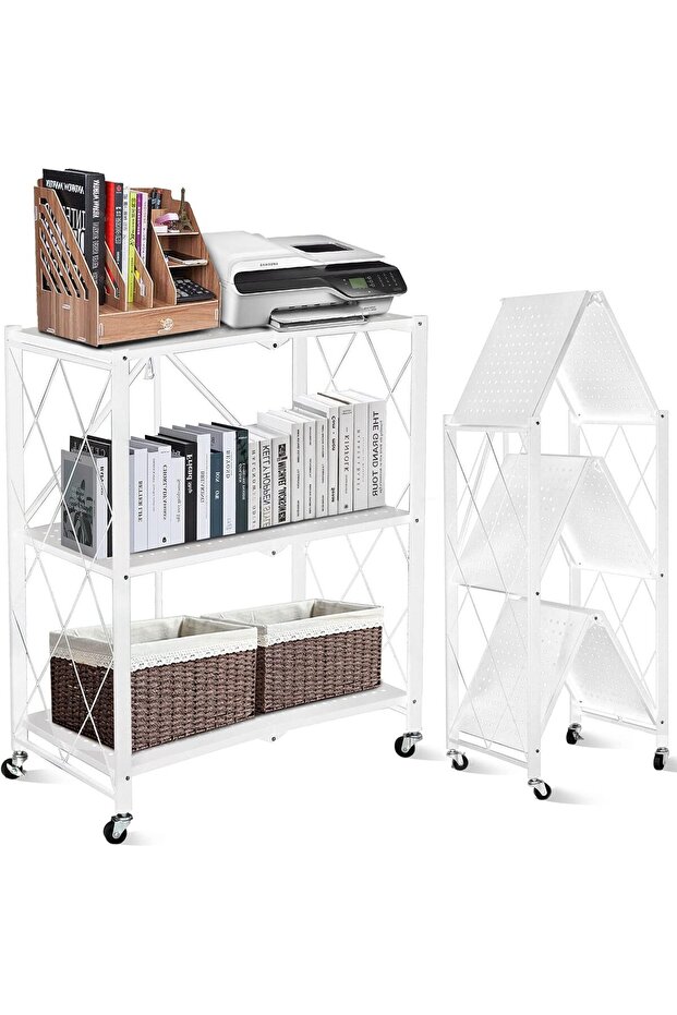 3Tier Foldable Standing Storage Rack with Wheels for Kitchen Garage Home Office