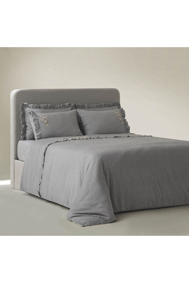 Zaira Double Duvet Cover Set 100% Organic Cotton Hand Embroidered Gray 200X220 cm