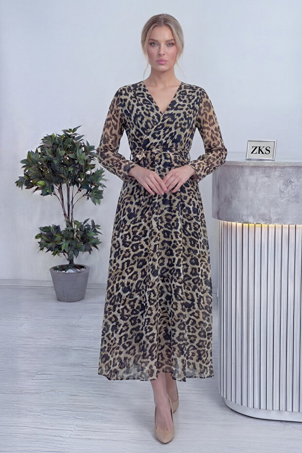 Leopard Printed Double-Breasted Plus Size Chiffon Dress