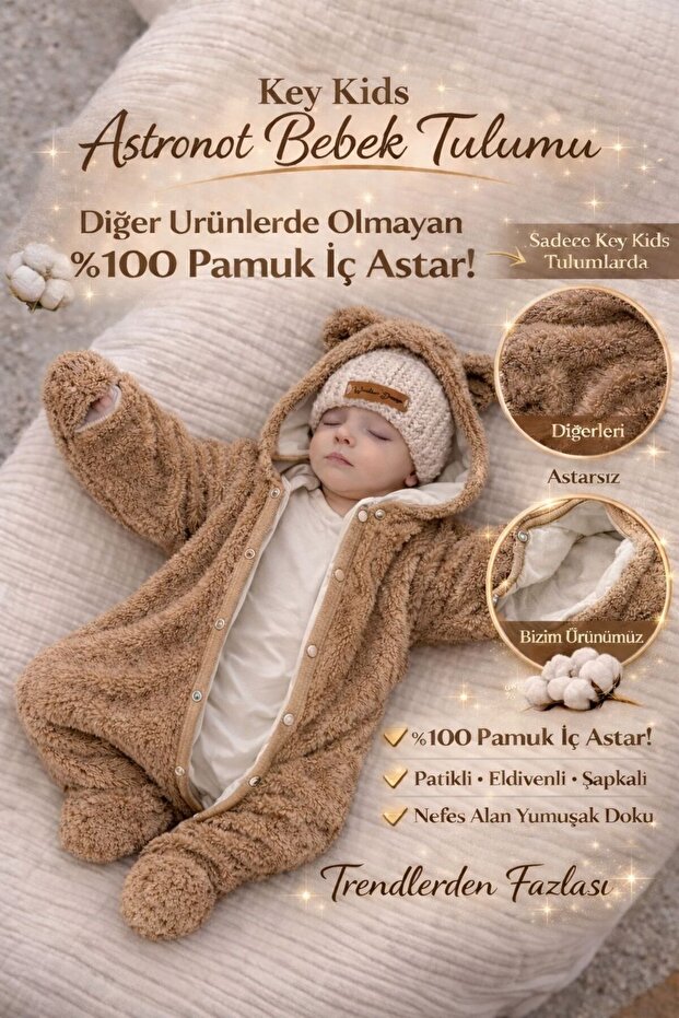 KEY KIDS Welsoft Peluş Ayıcık Bebek Tulum Kışlık Astronot Kapüşonlu Unisex 0-3 Ay – 18 Ay