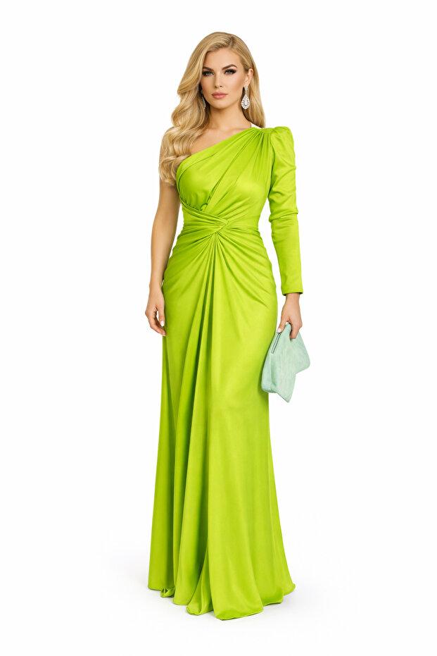 Rochie Elegantă Lungă Verde Lime, , Rochie de Eveniment / Nașă / Gală - 7