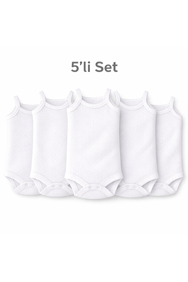 5-Piece Jacquard Rope Strap Baby Bodysuit with Snap Fasteners 100% Cotton - White