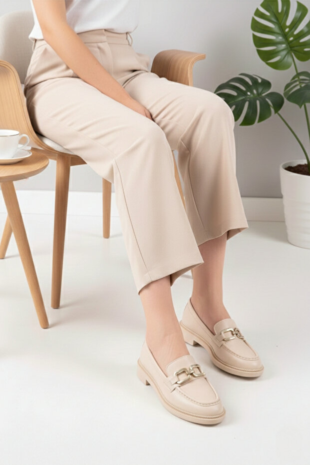 Women's Square Buckle Loafer Cream Casual Shoes