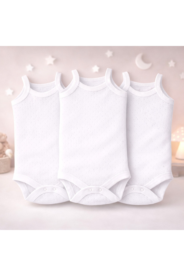 3-Piece Jacquard Rope Strap Baby Bodysuit with Snap Fasteners White 100% Cotton - Baby Athlete Bodysuit