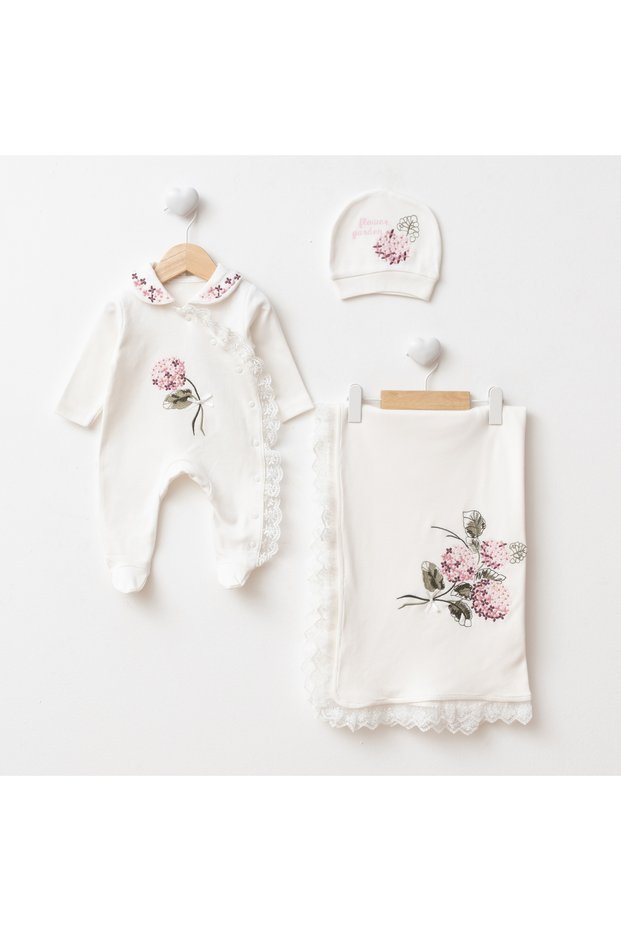 Ortanca Embroidered 3-Piece Hospital Discharge Set 100% Cotton Baby Girl Newborn