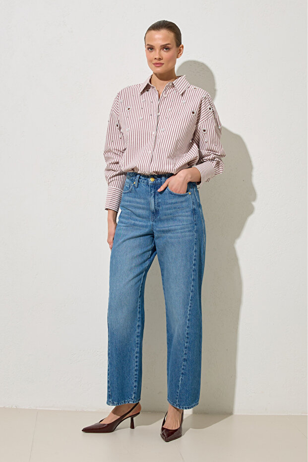 Blue 100% Cotton Relaxed Fit Trousers with Pocket Detail