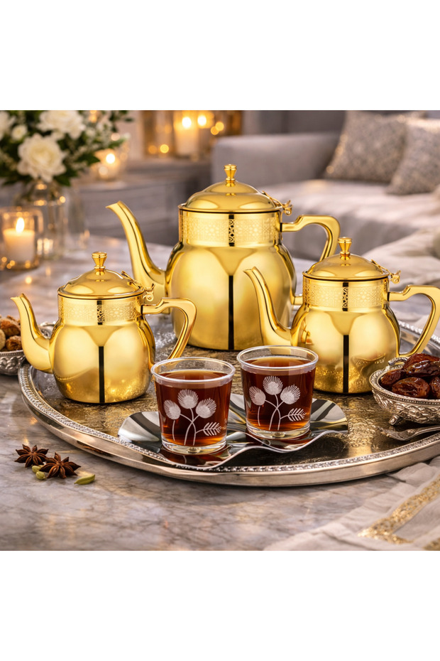 ✨ طقم براريد شاي ستانلس ستيل فاخر بنقشة ذهبية – 3 قطع (0.70L • 1.00L • 1.36L) متعدد الاستخدامات