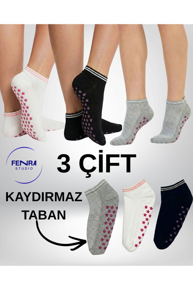 Women's 3-Piece Gray Black White Cotton Sole Towel and Non-Slip Sole Yoga Pilates Booties Home Socks
