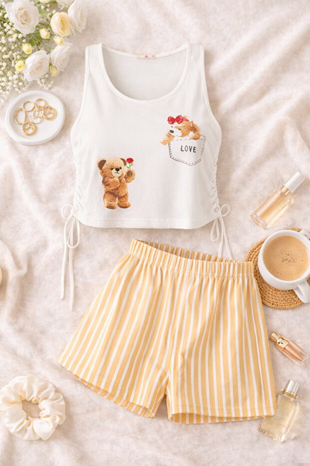 Women's Cotton Side Tie Gathered Shorts Pajama Set