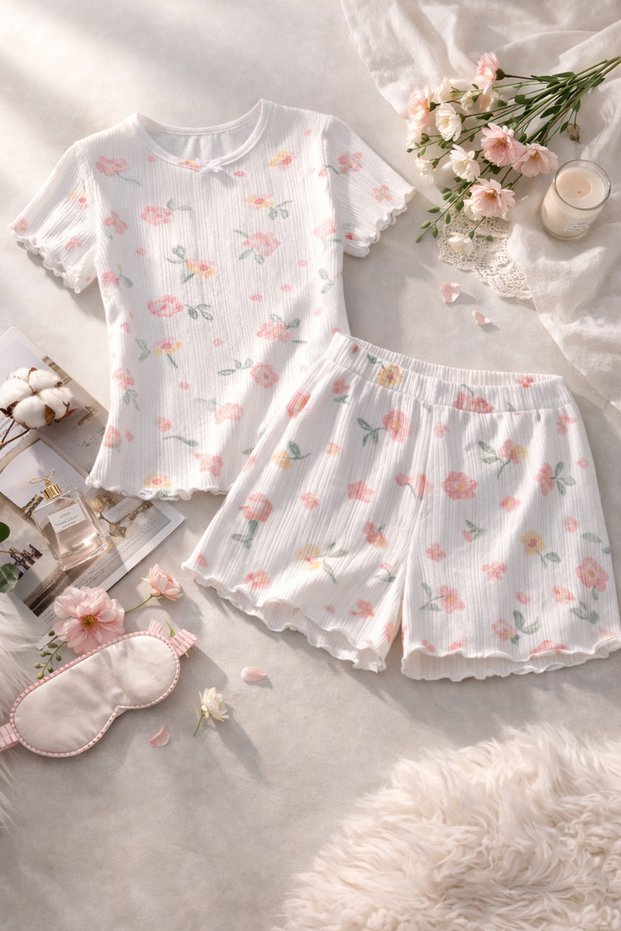 Women's Cotton Floral Print Short Sleeve Shorts Pajama Set