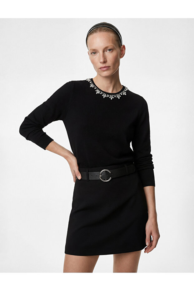 Long Sleeve Crew Neck Sweater with Stone Detail