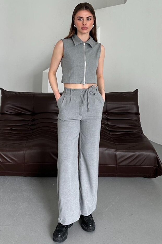 My Fashion Sleeveless Zippered Vest & Wide Leg Pants Two-Piece Set