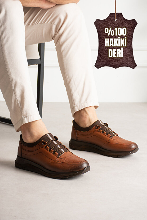 Hero Genuine Leather Tan Men's Casual Sneaker Shoes with Elastic Ankle Detail