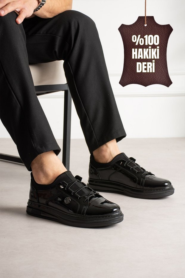 Mavron Genuine Leather Black Patent Leather Men's Lace-Up Thick Sole Black Casual Sneaker Shoes