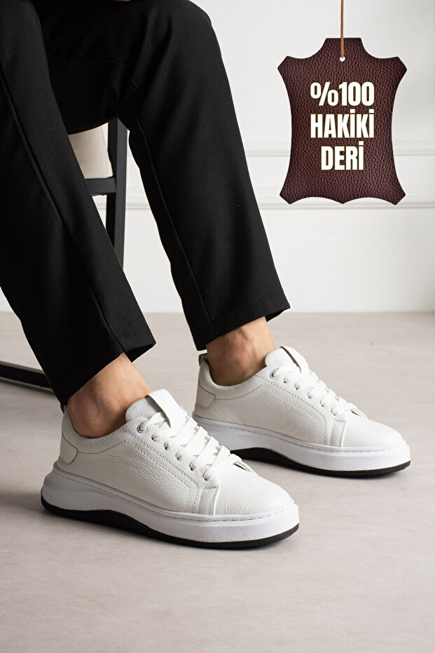 Atlas Genuine Leather White Men's Classic Lace-Up White Thick Sole Casual Sneaker