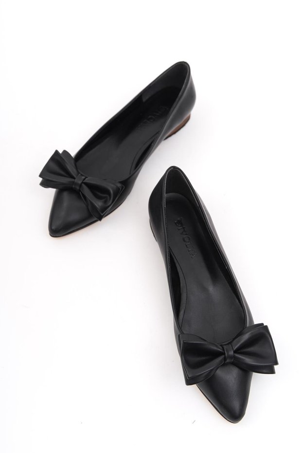 Naom Black Double Bow Short Heel (1.5 cm) Pointed Toe Daily Ballerinas