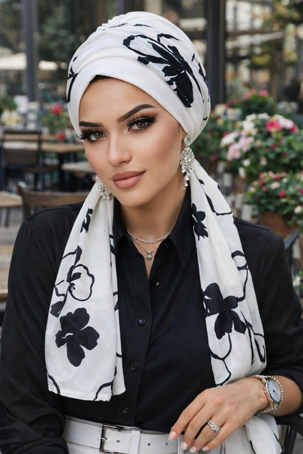 White Black Leaf Pattern Cap with Scarf - 1