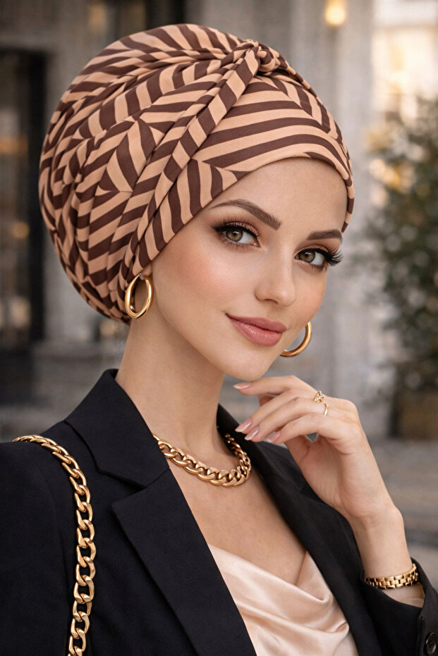 Coffee Beige Geometric Pattern Twist Detailed Bonnet