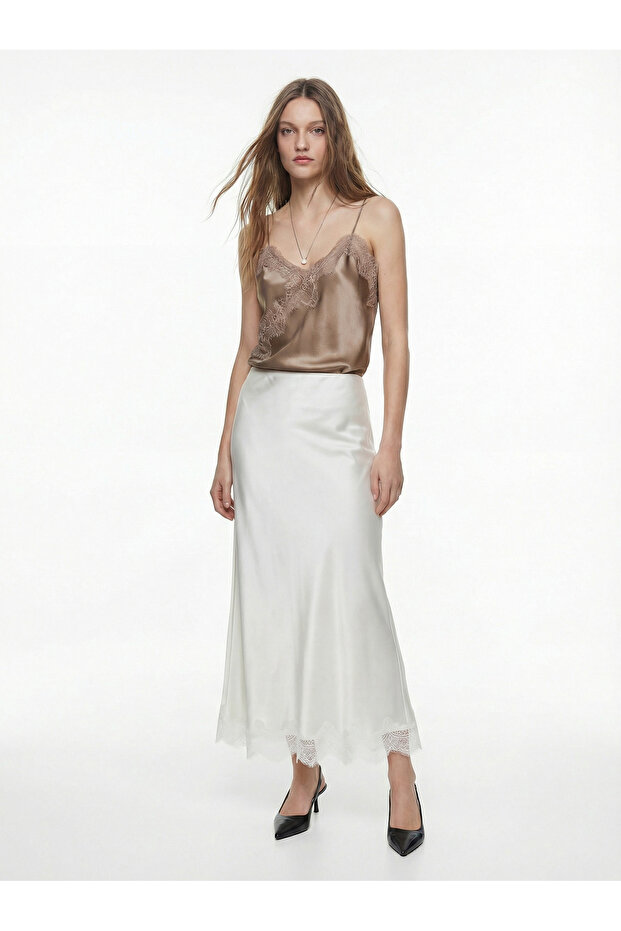 White Lace Detailed Satin Skirt