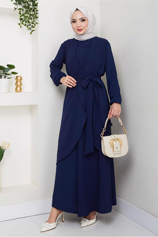 Women's Navy Blue Belted Pants Suit t 3477