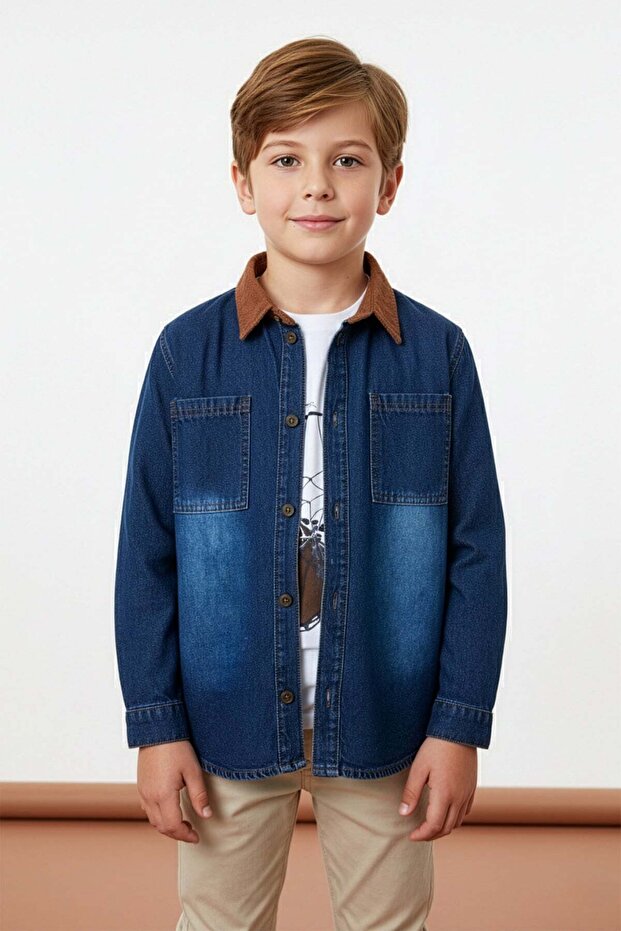 Velvet Collar Detailed Denim Jacket 2-Piece Boy's Set