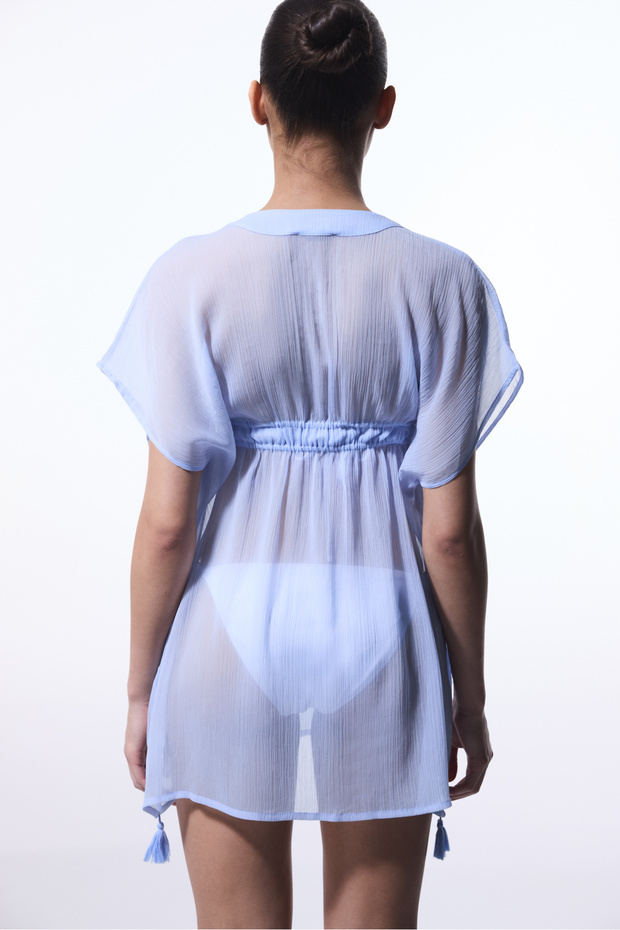 Açık Mavi Basic Şifon V Yaka Mini Kaftan - 2