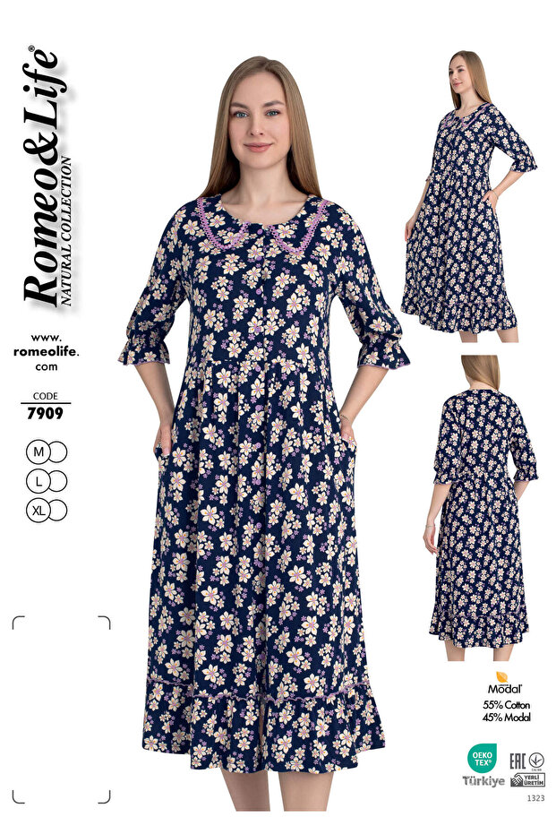 Women's Patterned Stylish Dress with Cotton Modal Fabric and Button Detail 7909