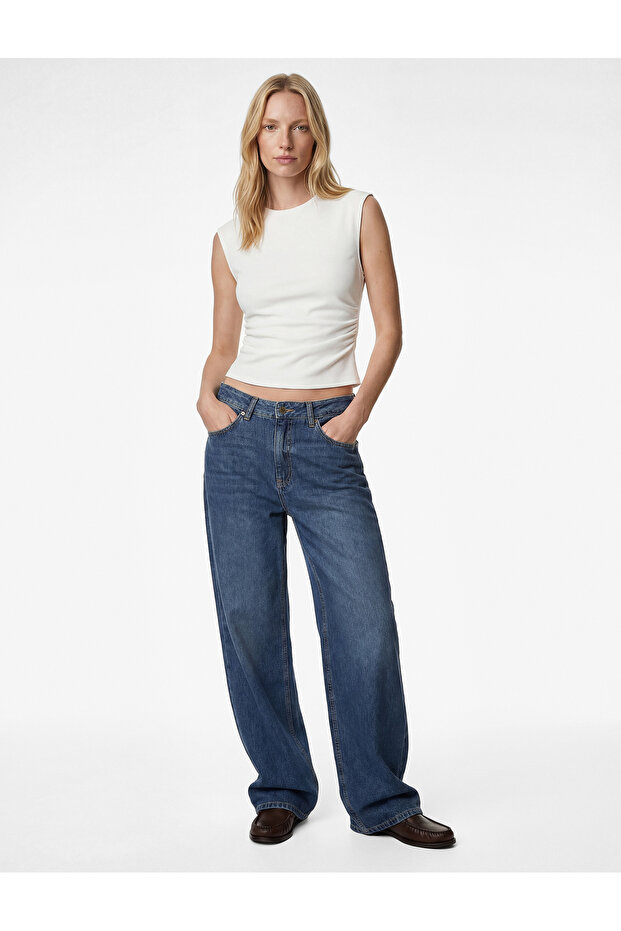 Crepe Scuba Fabric Slim Fit Crew Neck Sleeveless Blouse with Drape Detail