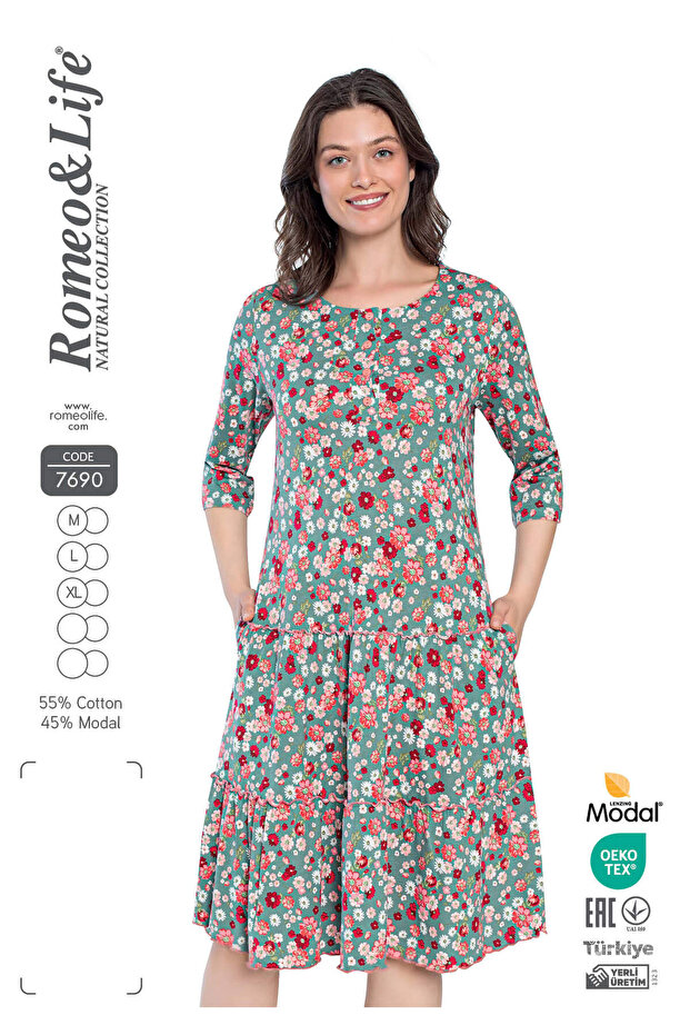 Women's Cotton Modal Fabric Button Detailed Patterned Stylish Dress 7690