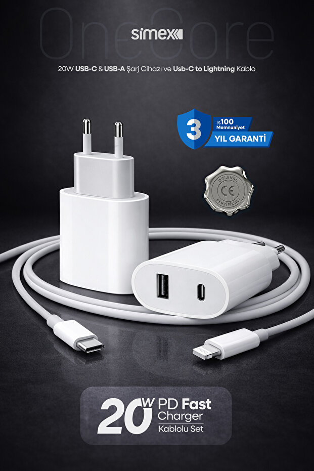 Simex iPhone 7-8-X-11-12-13-14 Serileri & iPad Uyumlu - USB / PD 20W Hızlı Şarj Seti - CE Belgeli - SPS-16