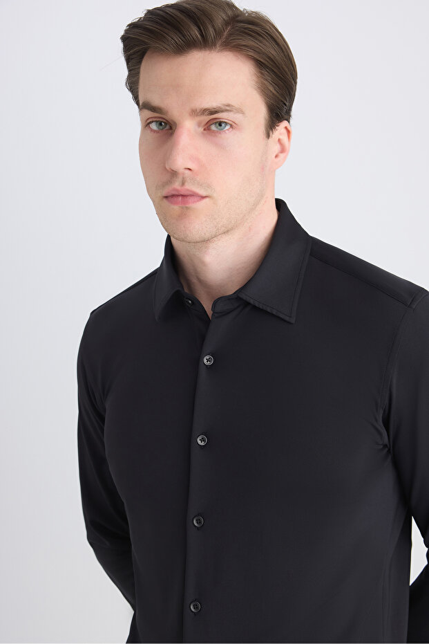 Slim Fit Siyah Örme Gömlek - 7