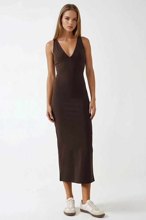 Slim Fit V Yaka Basic Midi Elbise Busem Collection - 5