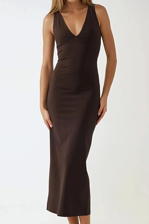 Slim Fit V Yaka Basic Midi Elbise Busem Collection - 1