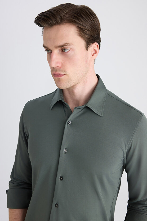 Slim Fit Haki Örme Gömlek - 7