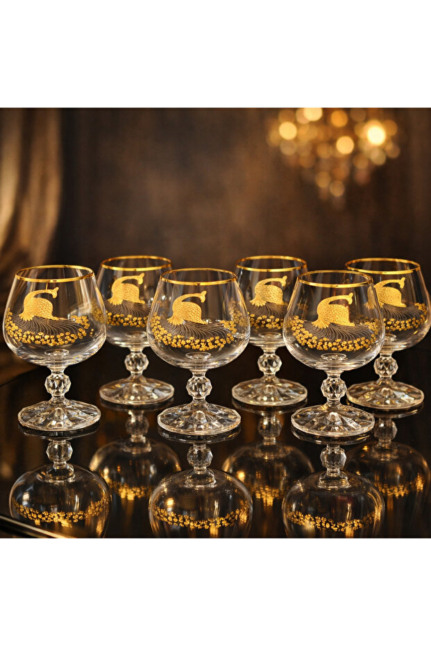 Handmade Crystal Pavona 24K Gold Engraved 6-Piece Serving Set Coffee and Water Glass 250Cc