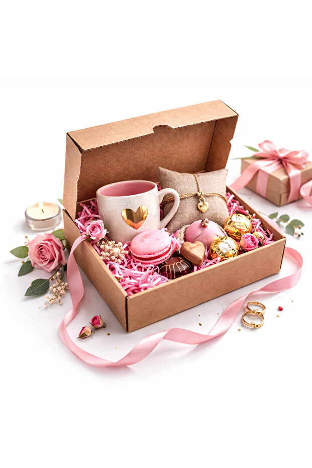 Doğahome Premium Kraft Hediye Kutusu 17x12,5x5,5 cm – Pembe Kırpık Kağıt Dolgulu Hazır Paketleme Kutusu