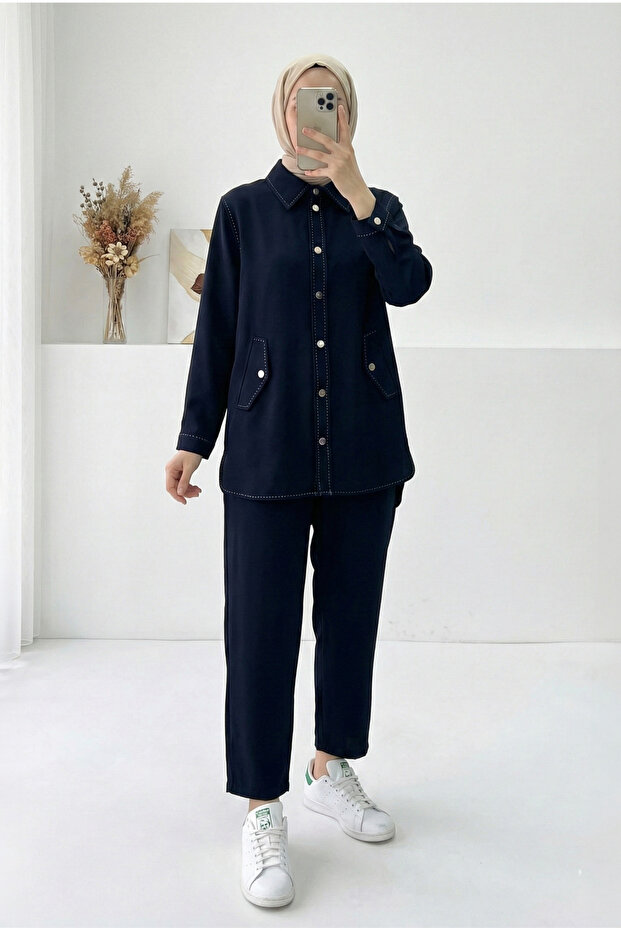 Bala Metal Buttoned Double Pocket Almond Stitched Trousers Suit-Şa1036 Navy Blue