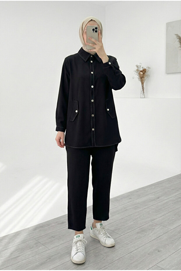 Bala Metal Buttoned Double Pocket Almond Stitched Trousers Suit-Şa1036 Black