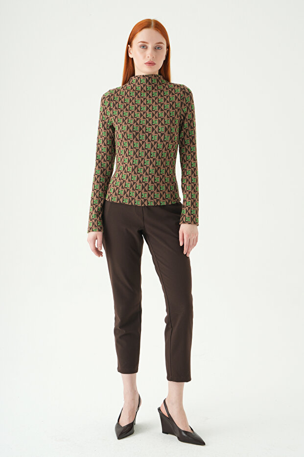 242143 Patterned Stand Collar Blouse Green - 3