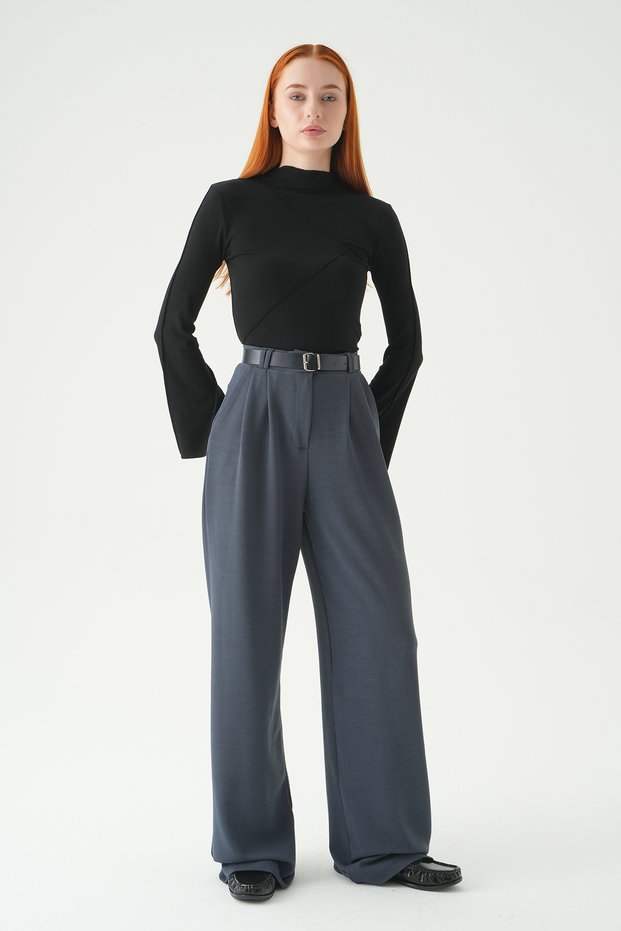 Smoked Double Pleat Detail Belt Piece Trousers 5009