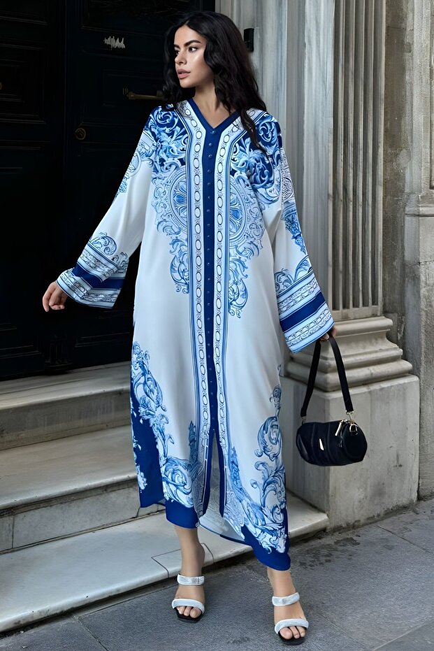 MSN Baskılı V Yaka Maxi Elbise - 1