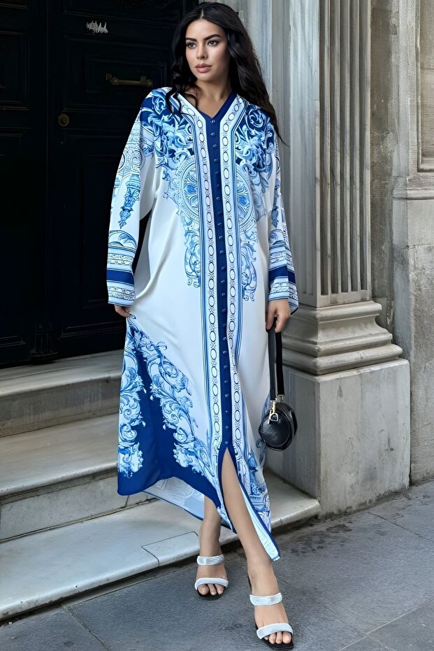 MSN Baskılı V Yaka Maxi Elbise - 3