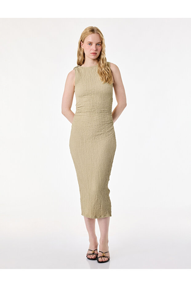 Bürümcük Fabric Slim Fit Crew Neck Sleeveless Draped Midi Pencil Dress
