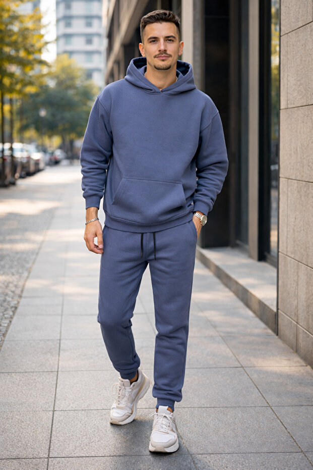 Men's Comfortable Fit 3 Thread Thick Winter K Hooded Tracksuit Set Indigo