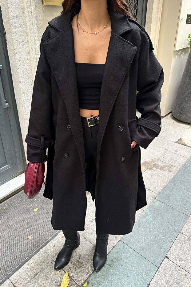 Women's Black Oversized Wide Fit Fabric Melton Coat X-Nbmylk26