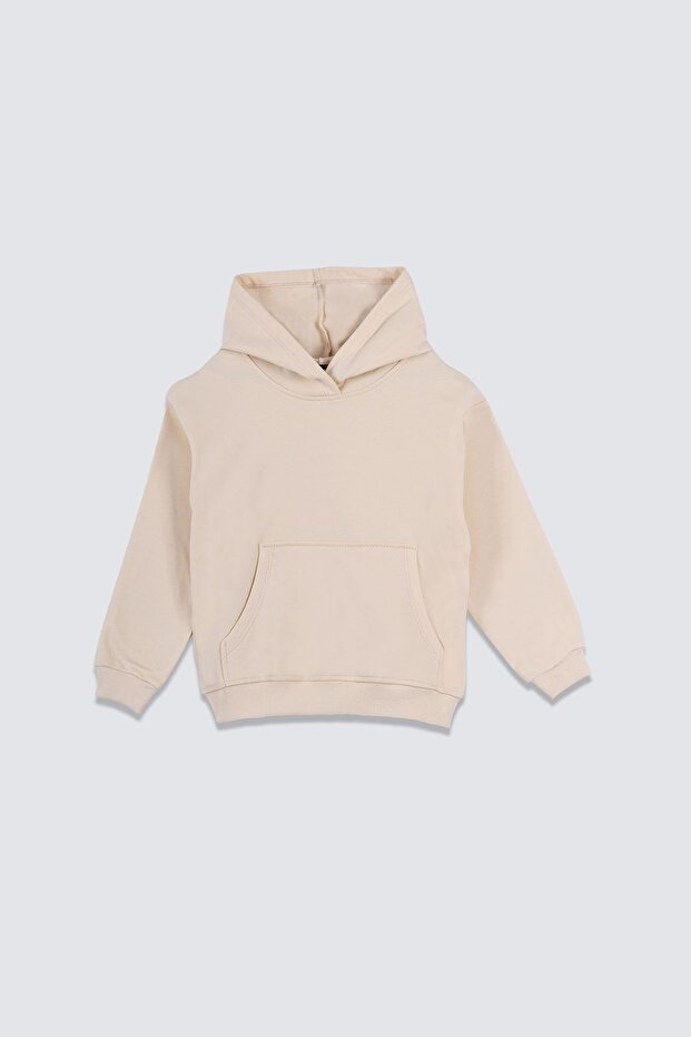 Basic Hooded Hooded Kangaroo Pocket Detailed Children's Sweatshirt 3-10 Years Ecru